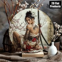 Samurai Sign Japanese Decor Aluminum Round Plaque 8 Inch Flat 2D Wall Art Home Bar Cafe Office Holiday Gift