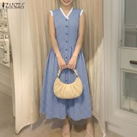 ZANZEA Sleeveless Women Summer Dress Lace Patchwork Pleated Long Dresses Oversize 3XL OL Work Party Sundress Streetwear Vestidos