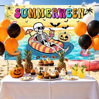 Summerween Backdrop Tropical Beach Skeleton Halloween Background Banner, Spooky Summer Halloween Pool Party Photo Booth
