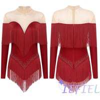 Jazz Dancewear Rhinestones Splice Tights Bodysuit Unitard Tassel Skirt Practice Cha Cha Rumba Ballroom Dancing Performance