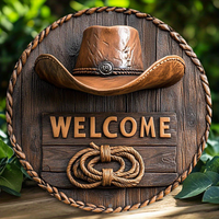 2026 Wooden Western Welcome Sign Rustic Cowboy Hat Rope Edge Farmhouse Front Door Plaque Country Home Decor