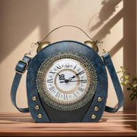 Novelty Antique Clock Crossbody Purse Retro Blue Faux Leather Steampunk Handbag Metal Lace Trim Adjustable Strap for Gothic