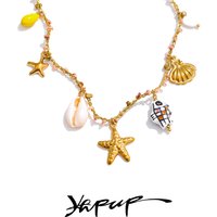 Yhpup Ocean Style Ceramic Fish Starfish Shell Drop Necklace for Women Stainless Steel Golden Collar Summer Handmade Jewelry