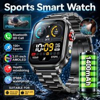 Nowy smartwatch outdoorowy z 2,01-calowym wyświetlaczem AMOLED, wytrzymały, bateria 1400 mAh, wodoodporność IP68K, wbudowana latarka, monitorowanie tętna, sportowy, dla mężczyzn i kobiet, model 2026.