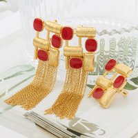 Bohemian New Fashion Red Zircon Earrings Ring Set Dubai Vintage Gold Color Jewelry Women's Bride Jewellery Wedding Party Gifts