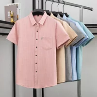 Mens Linen Look Plaid Short Sleeve Polo Shirts Casual Business Tops Breathable Lightweight Summer Tops with Chest Pocket
