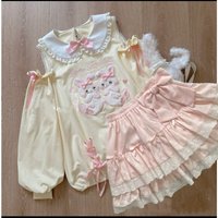 Japanese Sweet Lolita 2 Piece Sets Women Cute Bow Cartoon Bunny Off Shoulder T-shirts Pink Cake Mini Skirts Kawaii Y2k Outfits