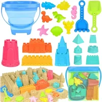Collapsible Beach Toys for Kids Sand Bucket & Shovels Set with Mesh Bag Sand Castle Travel Sand Toys Sandbox Toys for Toddlers