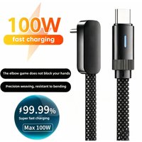 100W 90-Degree Elbow Dual Type C Fast Charging Data Cable For iPhone 15 16 17 Huawei OPPO Honor With LED Light Braided Data Cord