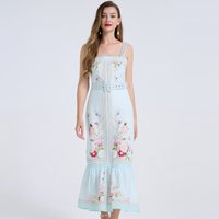 Women's Blue Floral Print Maxi Dress Spaghetti Strap Backless Belt Bodycon Mermaid Long Dress 2026 Summer Casual Beach Sundress