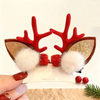 Christmas Reindeer Antlers Hair Clips Cute Fluffy Pom Pom Barrettes Girl Party Cosplay Accessory Holiday Headdress Pair