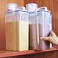 1PC Transparent Plastic PP Kitchen Cereals Storage Box with Measuring Cup for Rice Flour Pet Food Airtight and Moisture Proof