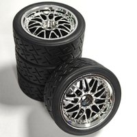 4-Piece Set of High-Grip, Durable, Upgraded RC Car Tires and Rims (12mm Hex), Compatible with Tamiya TT01/TT02/XV01, HPI WR8 etc