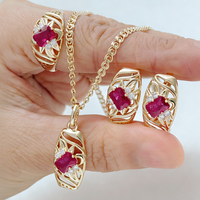 Kinel Trend Red Natural Zircon Jewelry Set for Woman Fashion 585 Rose Gold Color Ring Earrings Necklace 3Pcs Vintage Jewelry Set