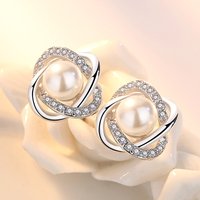 Luxurious 925 Sterling Silver Exquisite Flower Pearl Stud Earrings, Stylish Women's Wedding Party Jewelry
