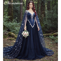 Celestial Whimsigoth Navy Blue Wedding Dress 2026 with Silver Star Moon Appliques Sheer Cape Witchy Bridal Gowns Enchanted