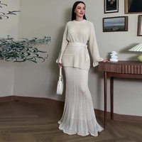 Spring Autumn Solid Knitted Skirt Suit Women O Neck Long Sleeves Pullover Tops+high Waist Knee Length Skirt Female Two Piece Set