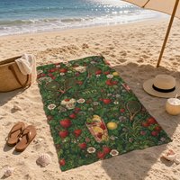 Botanical Strawberry Tennis Bath Towel, Retro Wimbledon Floral Fruit Graphic Beach Towel, Portable Absorbent Towel for Outdoor S