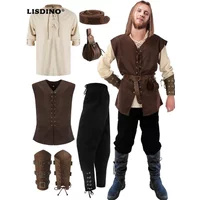 6 Pcs Men's Halloween Renaissance Costume Set Medieval Vest Shirt Ankle Banded Pants Viking Belt Armband Pouch