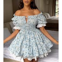 Vintage Puff Sleeve Mini Lace Dress Women Floral Printed Off Shoulder Ruffles Summer Dresses Party Elegant Square Neck Vestidos