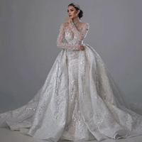 Luxury Shiny Long Sleeve Mermaid Wedding Dress Lace High Neck Tank Top Detachable Train Crystal Beads Retro Custom Wedding Dress