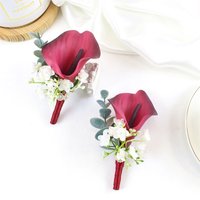Burgundy Calla Lily Boutonnieres Flowers Brooch Bridal Bridesmaid Artificial Rose Corsage Buttonhole for Men Wedding Accessories