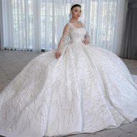 Luxurious Wedding Dress Fully Beaded Ballgown Fullsleeve Square Collar Customized Bridal Dress Lace Up Vestido De Novia Organza