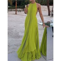 2025 Summer Fashion Beach Vacation Greed Two Piece Set For Women Halter Neck Backless Long Top Elegant Pleats Floor Length Skirt