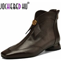 【JOCHEBED HU】Women's sheepskin bowtie decoration back zip flats autumn ankle boots high quality soft comfortable casual 34-41