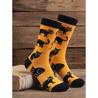 Black Cat Crew Cotton Socks For Men Novelty Mid Socks Funny Gothic Cat Print Casual Daily Socks Streetwear