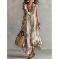 2026 Summer New Striped Ruffle Neckline Dress Bohemian Loose Maxi Dress for Beach Vacation