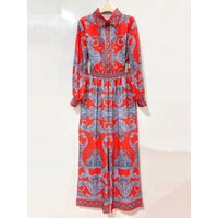 Retro geometric print lapel long sleeved shirt two-piece set 2026 spring women's clothing+loose wide leg pants fashion set