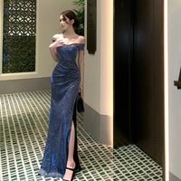 French Fashion Blue Sexy Off-the-shoulder Split Short-sleeved Pleated Dress Women's Birthday Party Evening Dress Long Dress