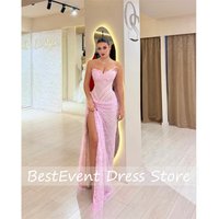 Pink Floral Lace Mermaid Prom Dress Side High Slit Sleeveless vestidos de noiva Floor-length Evening Dresses Customized