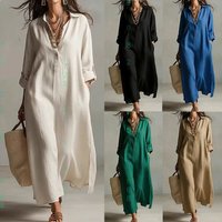 Cotton Linen Dresses Spring Summer Solid Lapel Long Sleeve Shirt Dress Casual Loose Fit Jumpsuit Overall Playsuit
