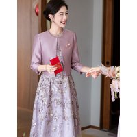 Elegant Two-Piece Dress Set for Mom Wedding Celebration Spring Autumn Young And Style Zipper round Neck Midi Dress