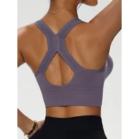 Women's Zip Front Solid Color Sports Bra, Crisscross Back Wireless Bra, Removable Padded Comfort Everyday Workout Bra