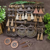 Bohemian Classic Women Geometric Tassel Wooden Earrings Vintage Gypsy Ethnic Circle Flower India Dangle Earrings Jhumka Jewelry