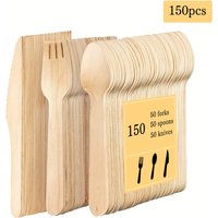 14cm 150-Piece Disposable Wooden Cutlery Set | 50 Forks 50 Spoons 50 Knives | Biodegradable, Eco-Friendly Natural Wooden Tableware, Suitable for Parties, Weddings, Picnics, Camping, Halloween,