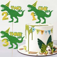 Green Gold Glitter T-Rex Cake Topper One Two Three Rex Dinosaur Cake Decoration for Kids Dino Birthday Party Decorations