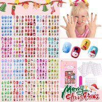 120/192Pcs Kids Press on Nails 120Pcs/Box Christmas Cat Cartoon Removable False Nails Girls Nail Art Decorations With Jelly Glue
