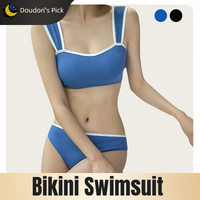 Korean Instagram-Style Women's Black and Blue Resort Hot Spring Beach Thick-Strap Top and Low-Cut Conservative Minimalist Two-Piece Bikini Swimsuit