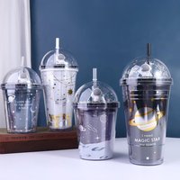 Spacewalk Cute Water Bottle With Straw Lid Reusable Cup Astronaut Double Layer BPA Free Clear Kawaii Children Cups For Kids Gift
