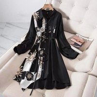 Print Vintage A-Line With Belt Loose Polo Neck Women's Dress Single-Breasted Knee Length Dresses For Women Clothing 2024 Fashion