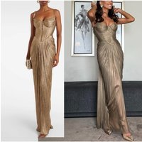 New Gold Sexy V-neck Women Dress Lace-Up Elegant Hight Waist Dress Draped Slim Suspender Long Dress Sleeveless Backless Party