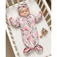 Newborn Baby Floral Sleep Sack Pink Rose Print Knotted Gown with Matching Headband Infant Long Sleeve Sleeping Bag Baby Shower G
