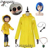 Coraline Cosplay Costume Set Yellow Rain Coat Short Blue Wig Dragonfly Hairclip Key Necklace Button Glasses Movie Costumized