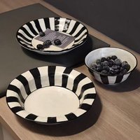 Ins Style Stripes Hand Kneaded Ceramic Tablewares Household Breakfast Fruit Bread Plates High Quality Restaurant Noodle Bowl