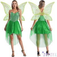 Women 2Pcs Fairy Tale Elf Cosplay Costume Sequin Sling Dress with Wings Halloween Xmas Carnival Festival Party Performance Suit