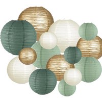 15-Piece Set of Paper Lantern Decorations, Round Hanging Paper Lantern Decorations, Suitable for Country Parties, Bridal Showers, Weddings, Gray-Green Birthday Party Supplies in Gold/Ivory/Grey-Green,
